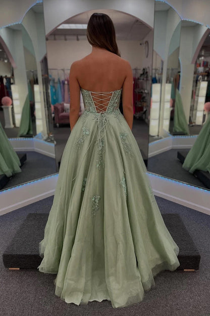 A-Line Sweetheart Strapless Tulle Lace Appliques Green Prom Dress