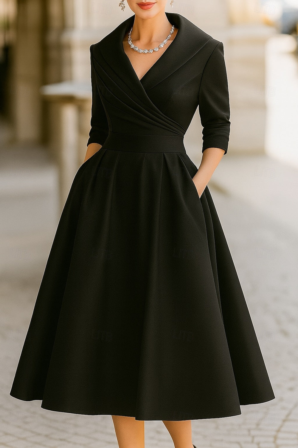 V-Neck 3/4 Sleeve A-Line Knee-Length Formal Evening Dress