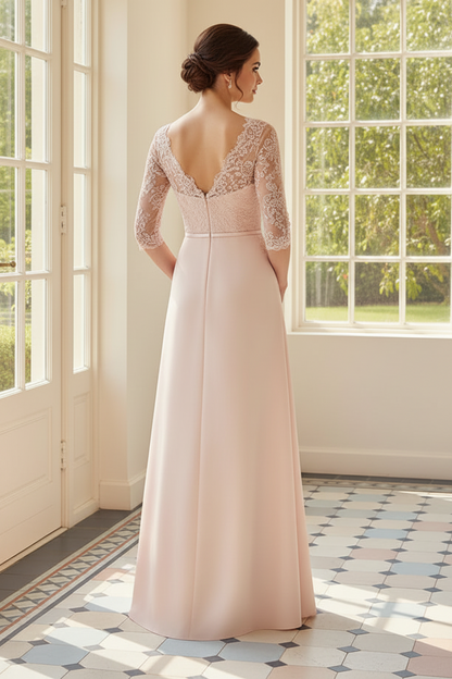 Lace 3/4 Sleeve A-Line Satin Formal Gown with Pockets