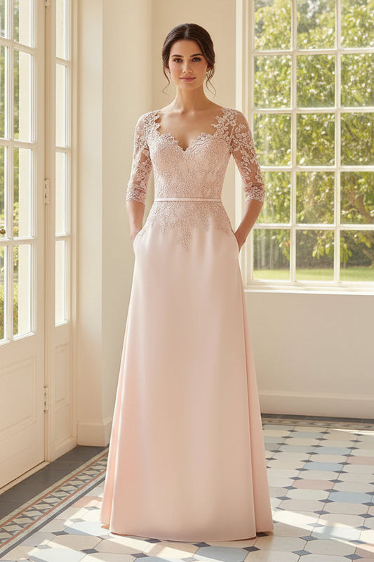Lace 3/4 Sleeve A-Line Satin Formal Gown with Pockets