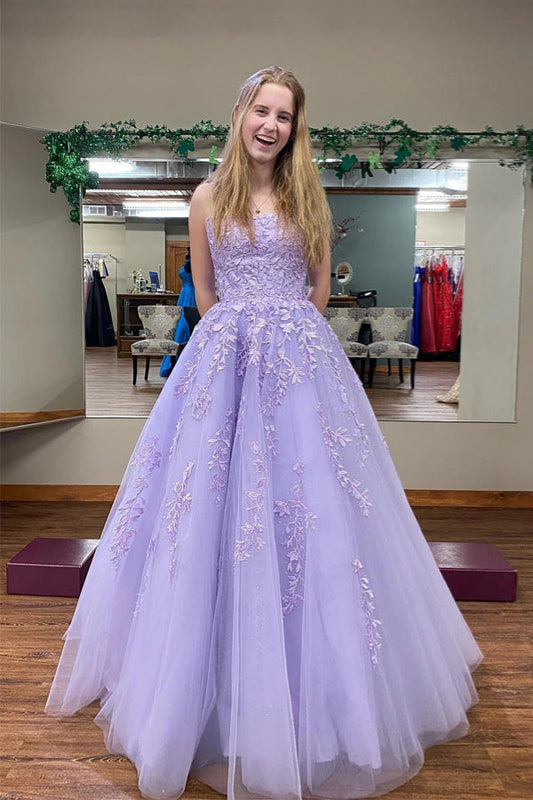 A-line Round Neck Tulle Lilac Long Prom Dress Party Dress