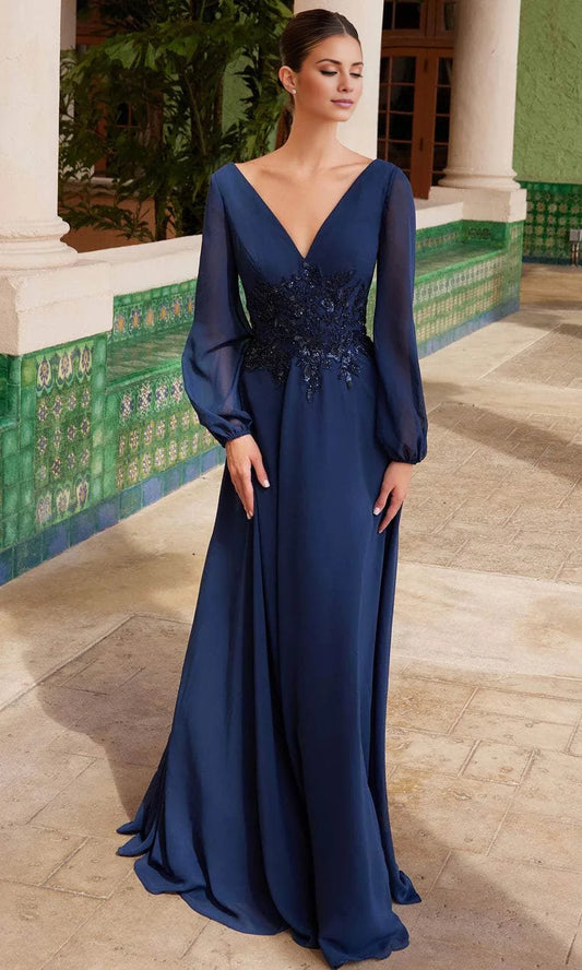 A-line V-neck long sleeved lace backless and floor length mother of the bride dress