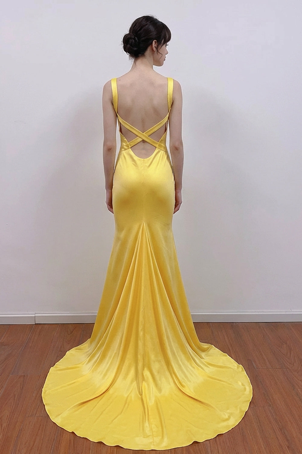 A-line V Neck Yellow Satin Long Prom Dress Formal Gown