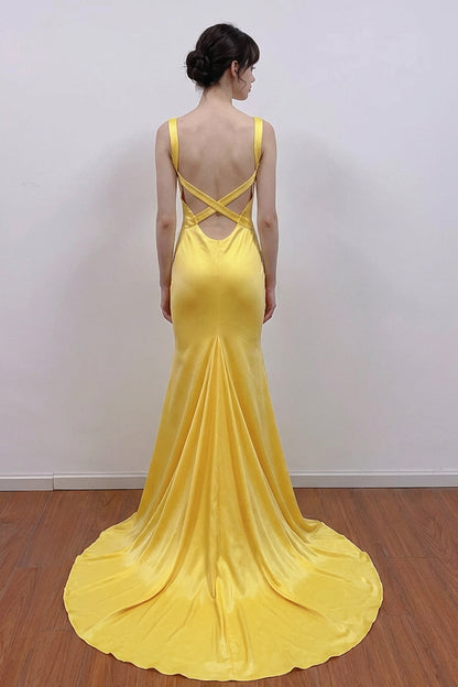 A-line V Neck Yellow Satin Long Prom Dress Formal Gown
