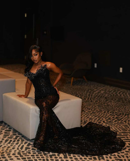 Shinning Mermaid Sweetheart Black Sequined For Women Party Dresses Long Formal Prom Dresses 22th Birthday Gown