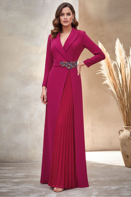 Applique V-Neck Long Sleeve Mermaid Mother of the Bride Dress