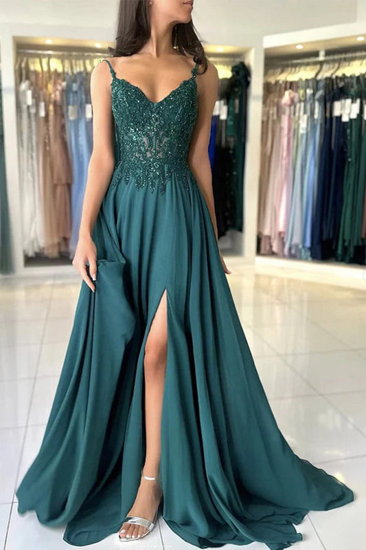 A Line V Neck Dark Green Lace Prom Dress Formal Gown