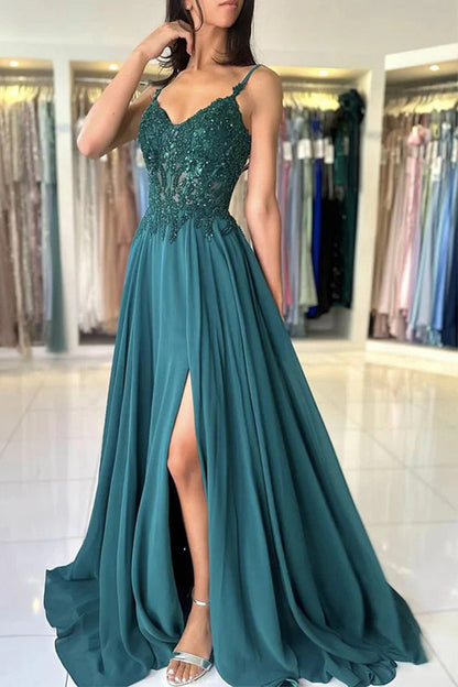 A Line V Neck Dark Green Lace Prom Dress Formal Gown
