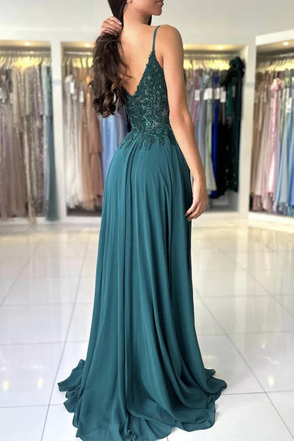 A Line V Neck Dark Green Lace Prom Dress Formal Gown