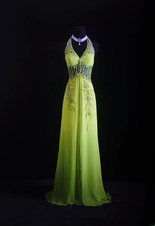 Glitter A line Halter Bud Green Chiffon Silver Beads For Women Party Dresses Long Formal Prom Dress 18th Birthday Gown AS009