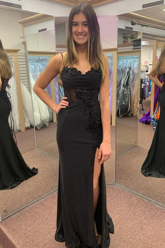 Appliques Black Spaghetti Corset Straps Prom Dress with Slit