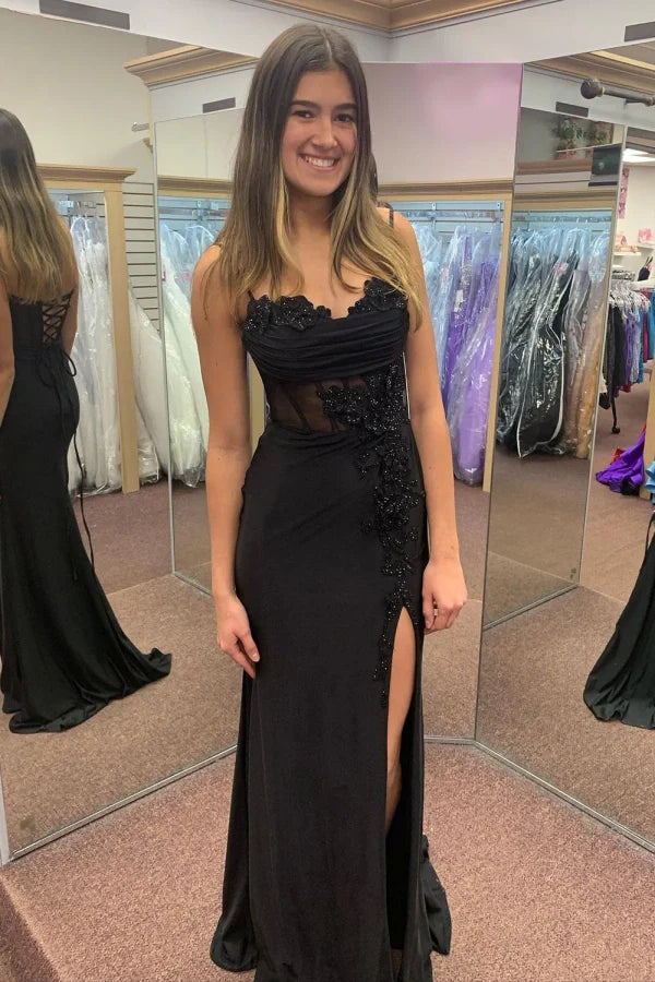 Appliques Black Spaghetti Corset Straps Prom Dress with Slit