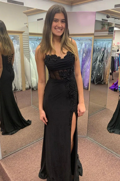 Appliques Black Spaghetti Corset Straps Prom Dress with Slit
