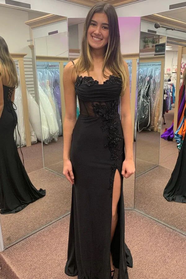 Appliques Black Spaghetti Corset Straps Prom Dress with Slit