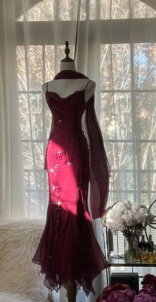 Elegant Mermaid Spaghetti Straps Burgundy Chiffon Prom Dresses Inspiration Trending Evening Gowns Formal Party Prom Dress B374