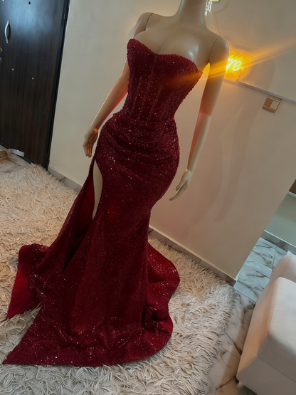 Stunning Mermaid Sweetheart Red Slit Sequin Prom Dresses Inspiration Prom Dress Princess Graduation Dress B424