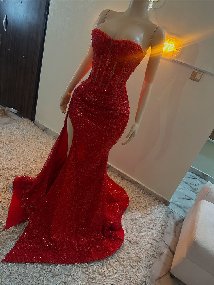 Stunning Mermaid Sweetheart Red Slit Sequin Prom Dresses Inspiration Prom Dress Princess Graduation Dress B424
