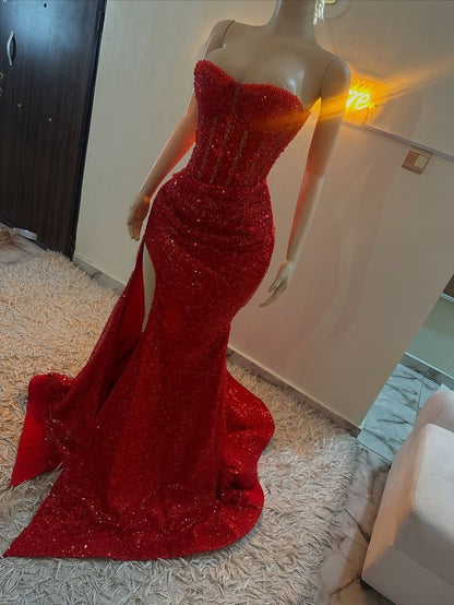 Stunning Mermaid Sweetheart Red Slit Sequin Prom Dresses Inspiration Prom Dress Princess Graduation Dress B424