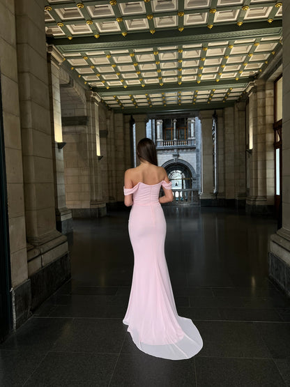 Simple Pink Off the Shoulder Sleeveless Mermaid Evening Dress