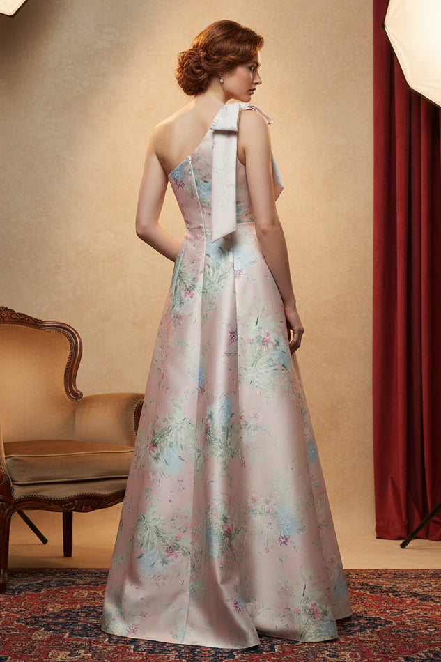One Shoulder Sleeveless Bow Flowers Floral Print A-Line Prom Dress