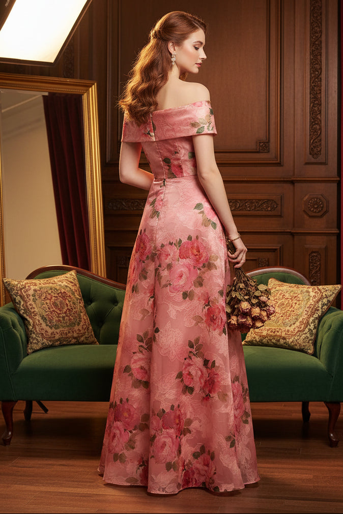 Off the Shoulder Sleeveless Flowers Floral Print A-Line Prom Dress