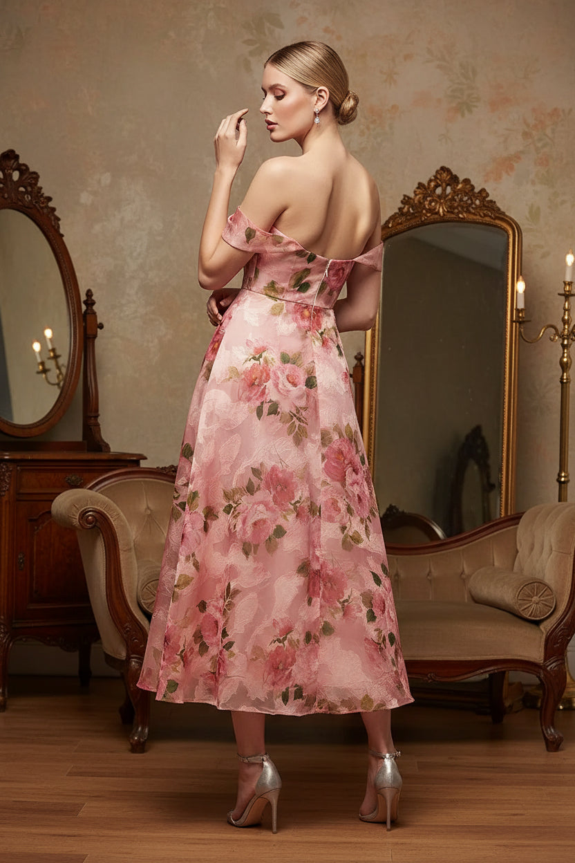 Off the Shoulder Sleeveless Flowers Floral Print A-Line Prom Dress