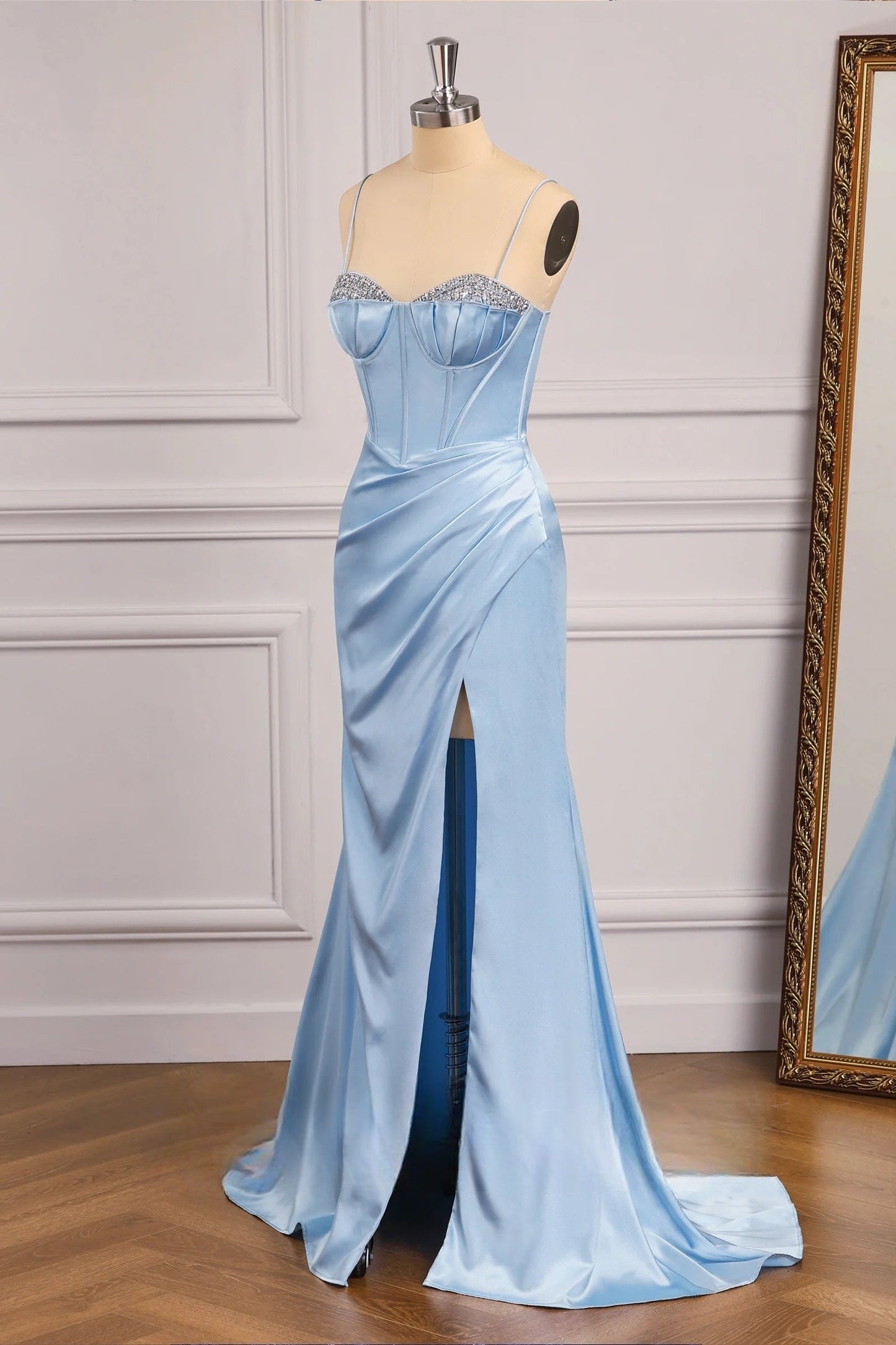 Beaded Neck Baby Blue Mermaid Long Dress with Slit