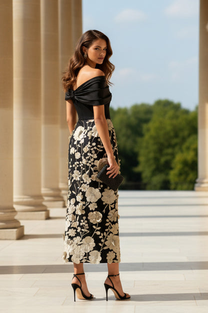 Black 3D Floral Classic Off The Shoulder Short Sleeve Sheath Evening Dress