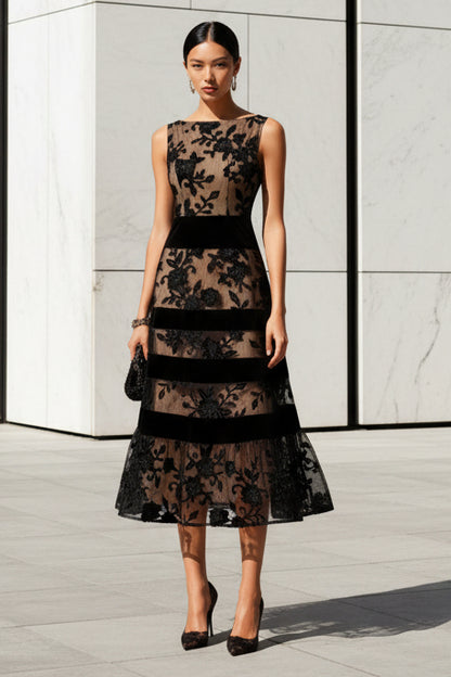 Sexy Black Lace Sleeveless A-Line Tea-Length Evening Dress