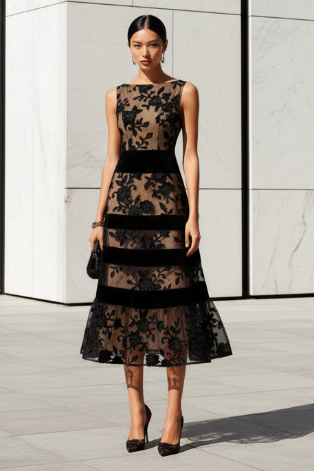 Sexy Black Lace Sleeveless A-Line Tea-Length Evening Dress