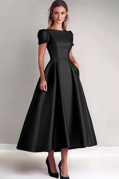 Black A Line Mother of the Bride Dress with Puff Sleeves