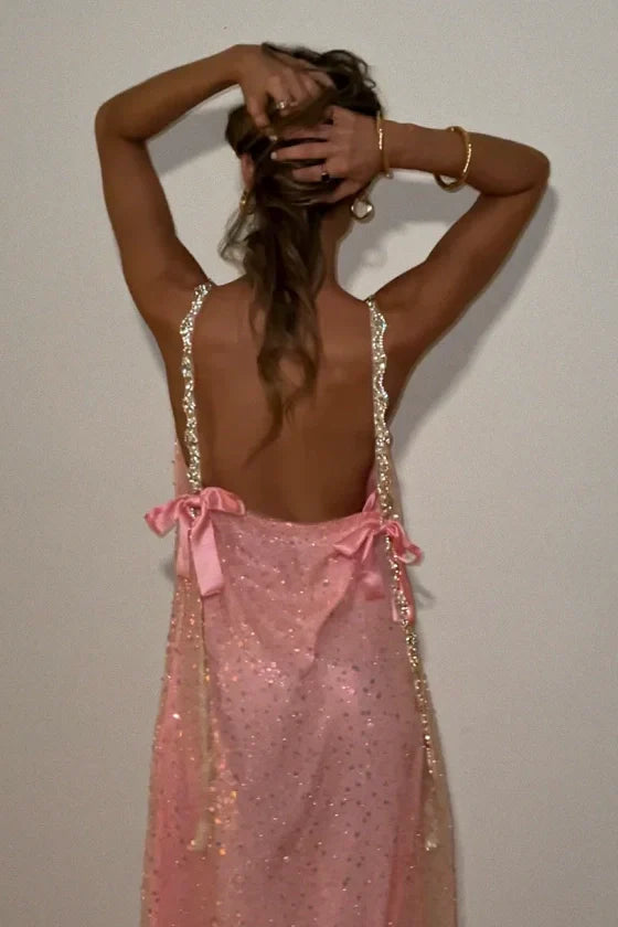 Bling Sheath Spaghetti Straps Pink Long Prom Dress with Beading