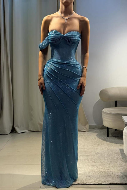 Luxurious Blue One-Shoulder Sparkly Mermaid Prom Dress with Ruched Detailing