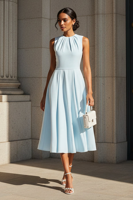 Simple Blue Sleeveless A-Line Tea-Length Evening Dress