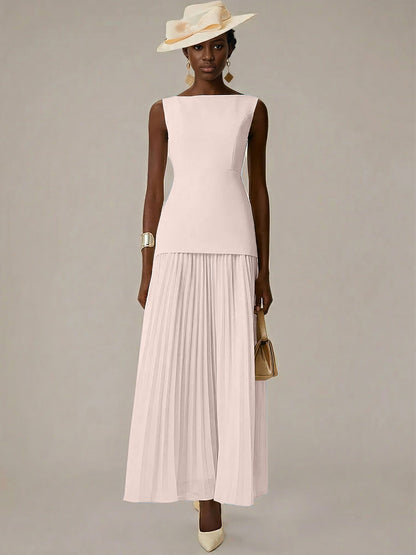 White A Line Chiffon Round Neck Sleeveless Floor Length Dresses