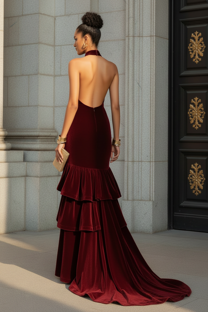 Halter Sleeveless Mermaid Tassel Side Slit Evening Dress