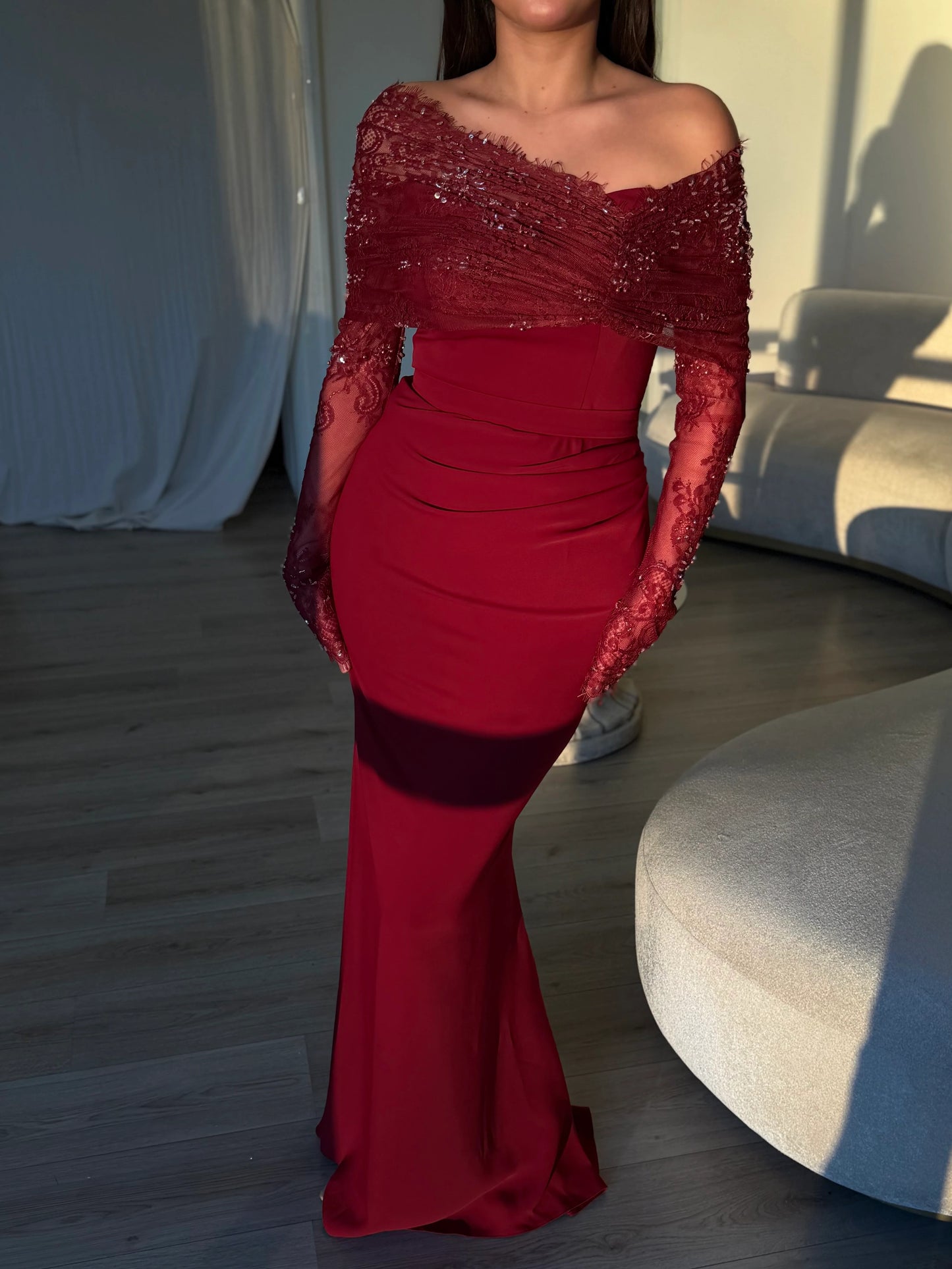 Elegant Lace Off the Shoulder Long Sleeve Mermaid Evening Dress