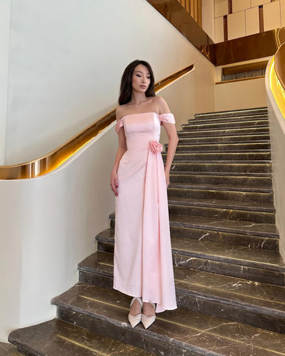 Pink Off the Shoulder Sleeveless Flowers Mermaid Evening Dress