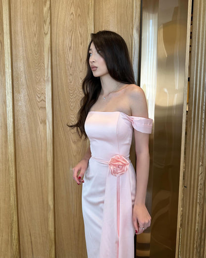 Pink Off the Shoulder Sleeveless Flowers Mermaid Evening Dress