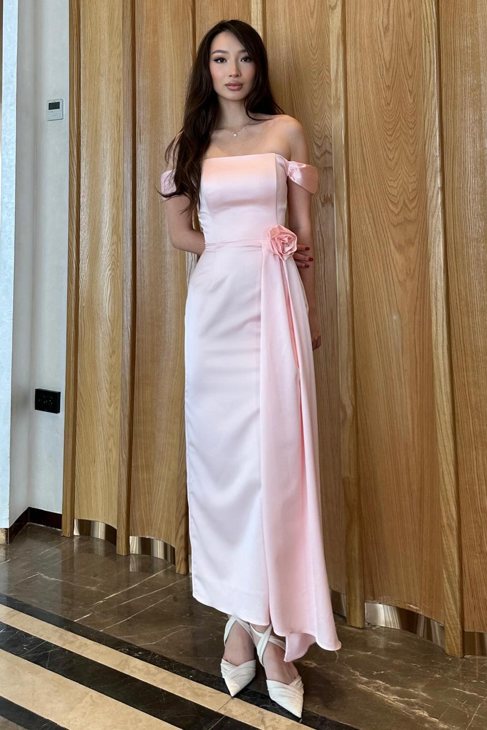 Pink Off the Shoulder Sleeveless Flowers Mermaid Evening Dress