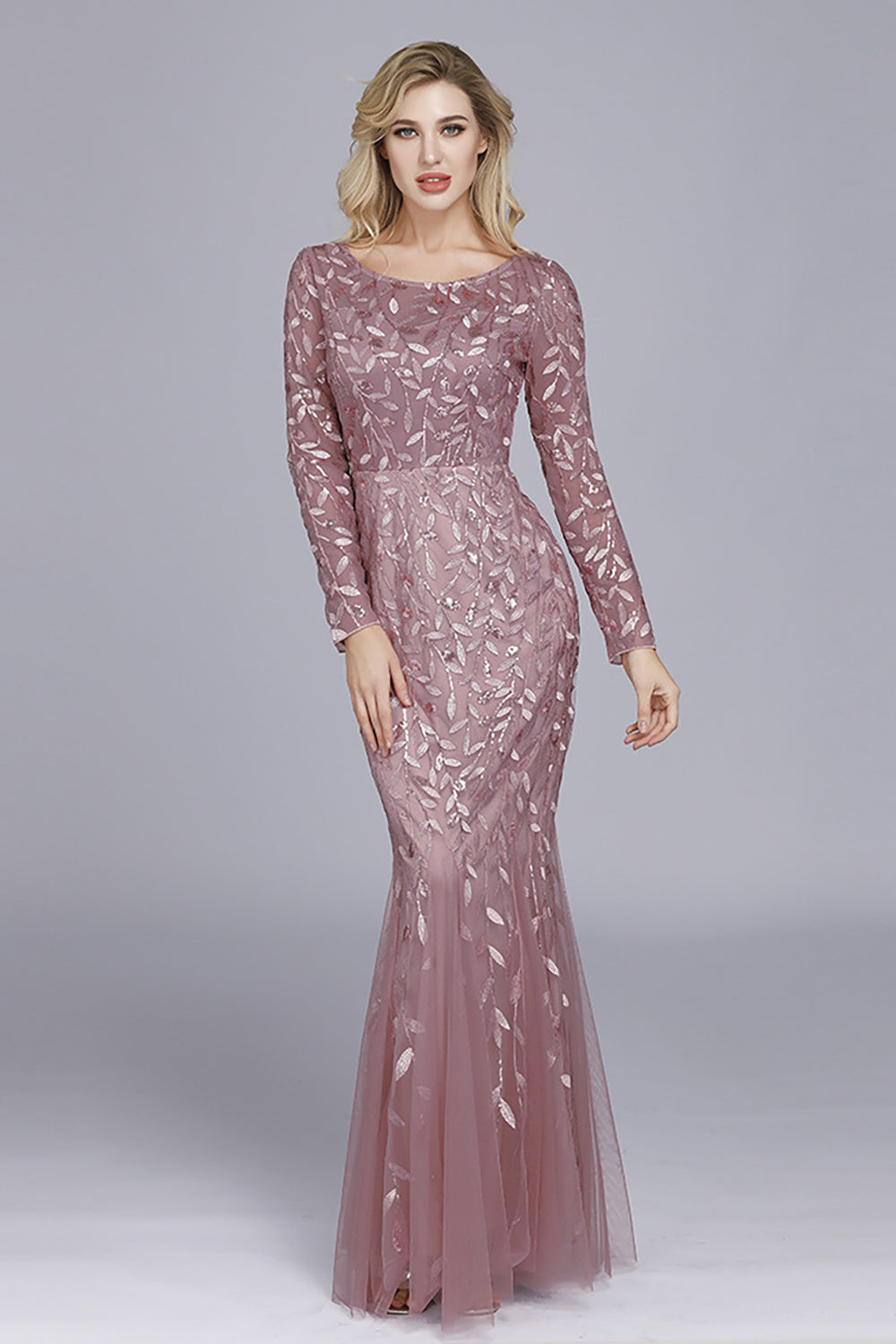 Gold Mermaid Sequins Tulle Evening Dress With Long Sleeves