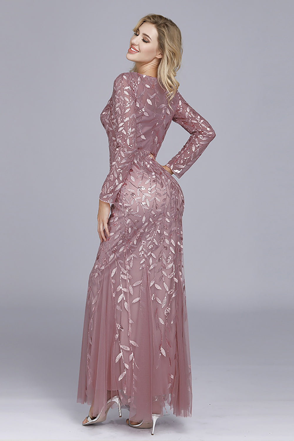 Gold Mermaid Sequins Tulle Evening Dress With Long Sleeves