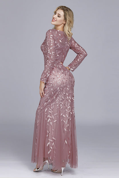Gold Mermaid Sequins Tulle Evening Dress With Long Sleeves