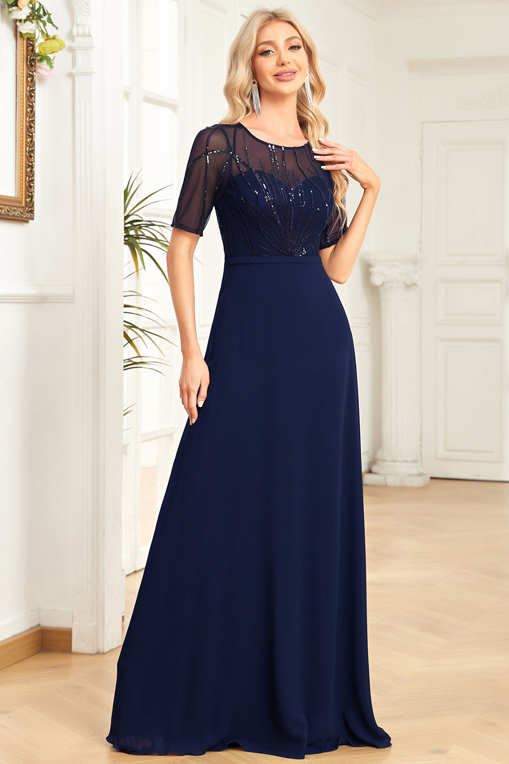 Sparkly Navy A Line Round Neck Sequin Formal Dress with Short Sleeves