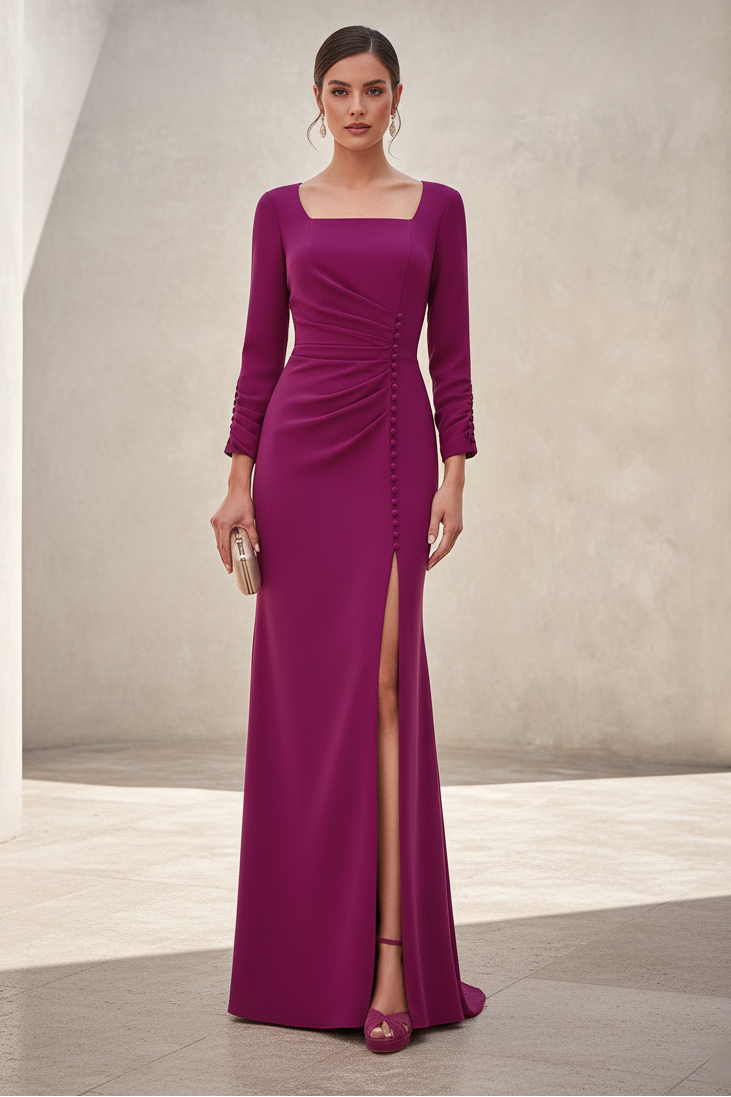 Mermaid Sqaure Neck Long Sleeve Side Slit Mother of the Bride Dress