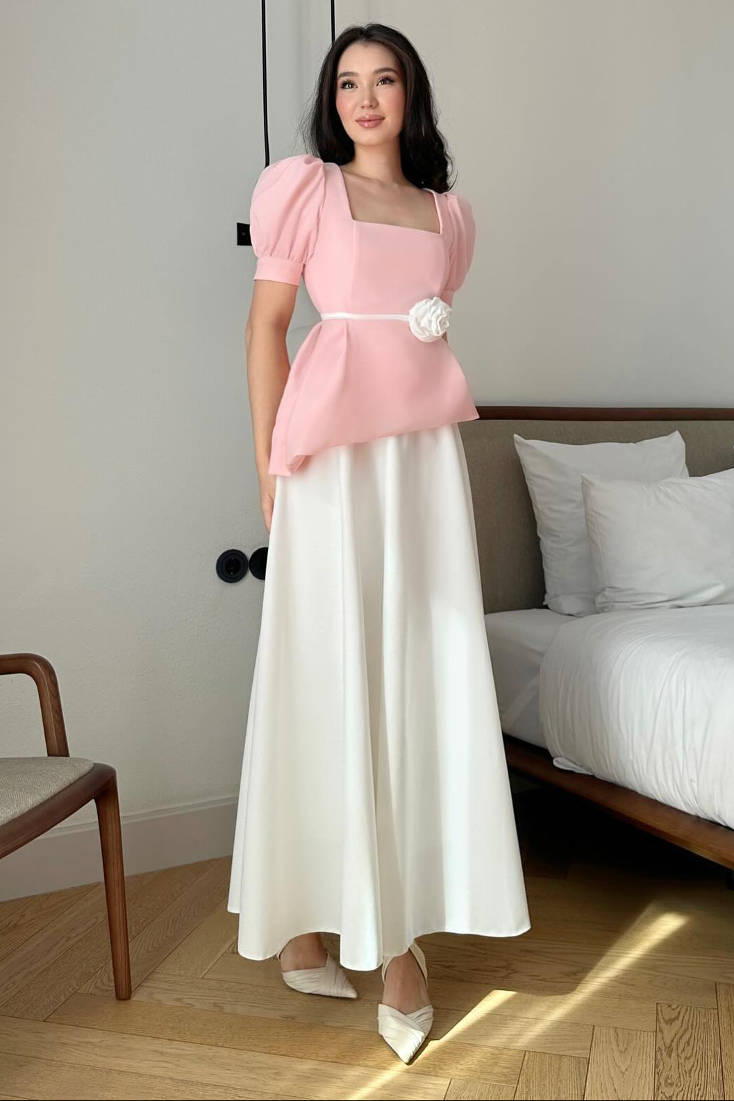 Pink Square Neck Half Sleeve A-Line Ankle-Length Evening Dress