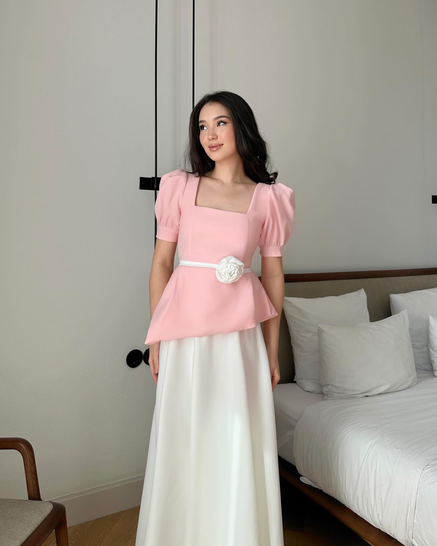 Pink Square Neck Half Sleeve A-Line Ankle-Length Evening Dress
