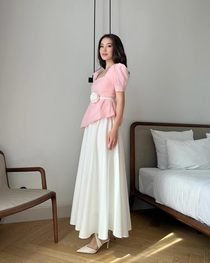 Pink Square Neck Half Sleeve A-Line Ankle-Length Evening Dress