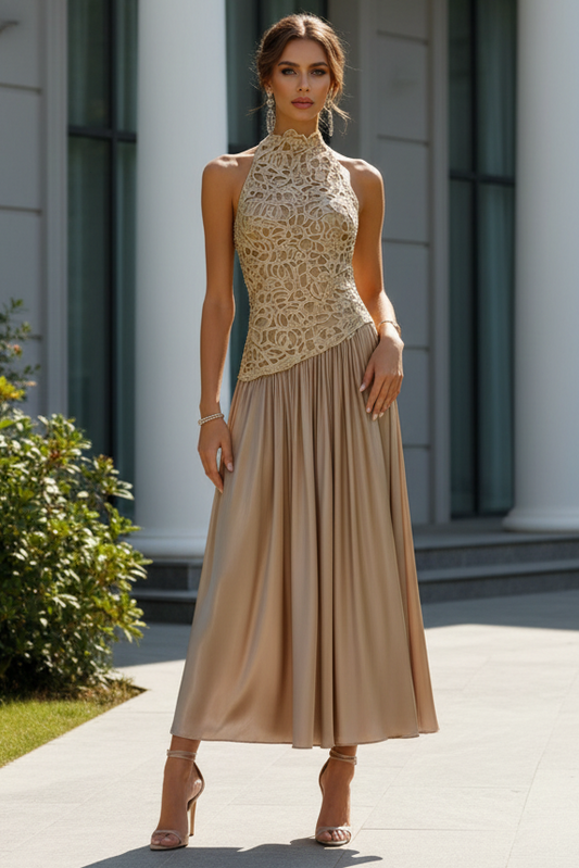 Champagne Lace Satin Halter Crew Neck Sleeveless A-Line Evening Dress