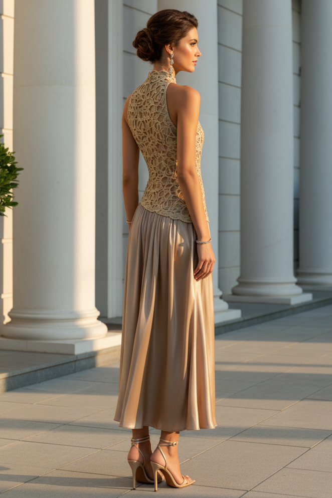 Champagne Lace Satin Halter Crew Neck Sleeveless A-Line Evening Dress